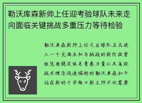 勒沃库森新帅上任迎考验球队未来走向面临关键挑战多重压力等待检验